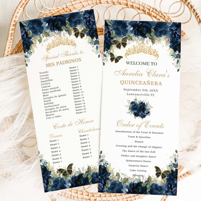 Blue Floral Gold Quinceñera Orden des Ereignisses Programm (navy-blue-floral-gold-butterflies-quinceanera-sweet-16-birthday-slim-program-order-events-padrinos)
