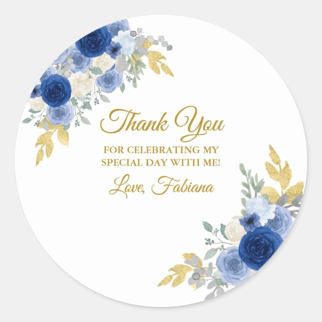 Blue Floral & Gold Runder Aufkleber (Vorderseite)