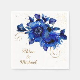 Blue Floral Gold Swirl Wedding Napkins Serviette