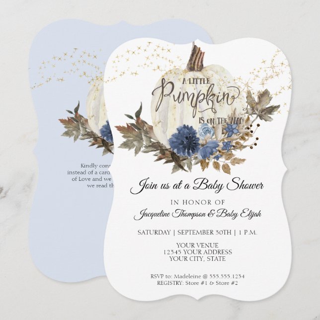 Blue Floral Gold White Pumpkin Baby Dusche Einladung (Vorne/Hinten)