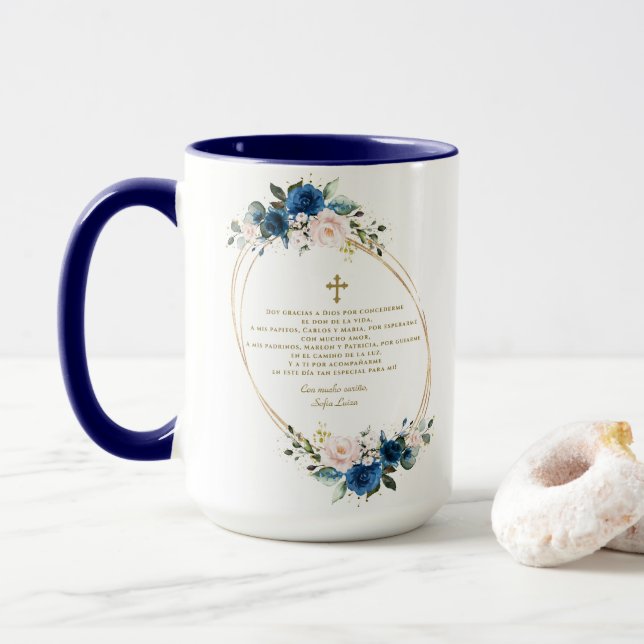 Blue Floral Gracias Con Oración Bautizo Tasse (Mit Donut)