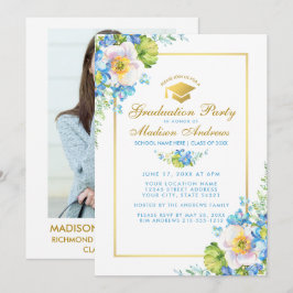 Blue Floral Grad Party Gold Einladung - Foto Zurüc