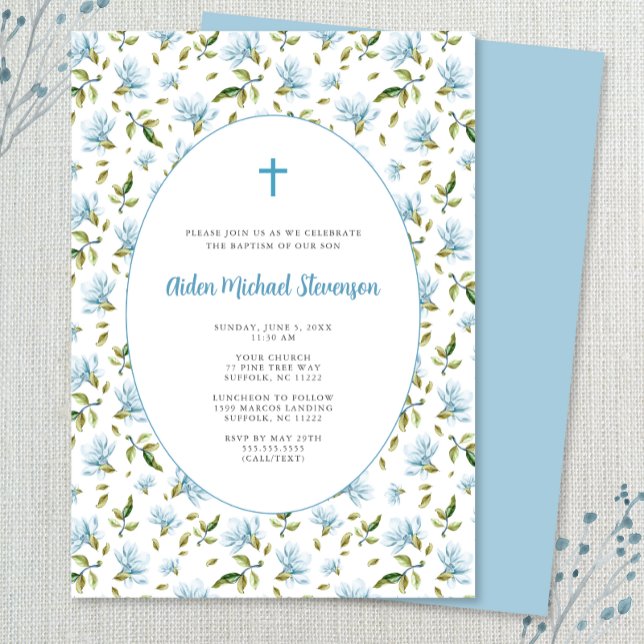 Blue Floral Grandmillenial Taufen Einladung (Von Creator hochgeladen)