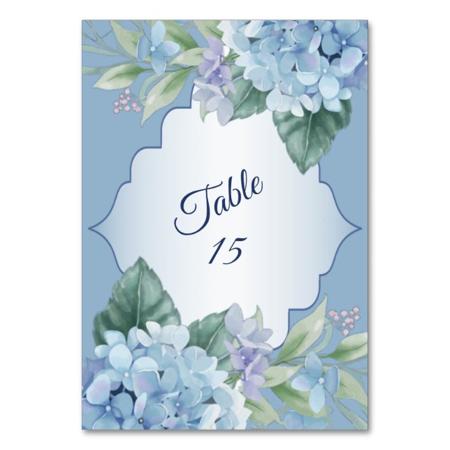 Blue Floral Green Leaves Frame Wedding Party Tischnummer (Vorderseite)