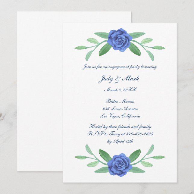 Blue Floral Greenerity Foliage Engagement Party Einladung (Vorne/Hinten)