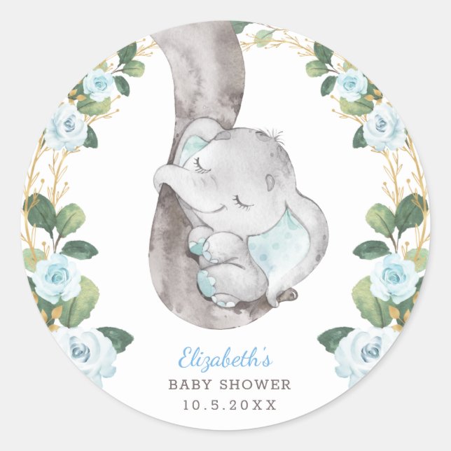 Blue Floral Greenery Gold Baby Elephant Dusche Runder Aufkleber (Vorderseite)
