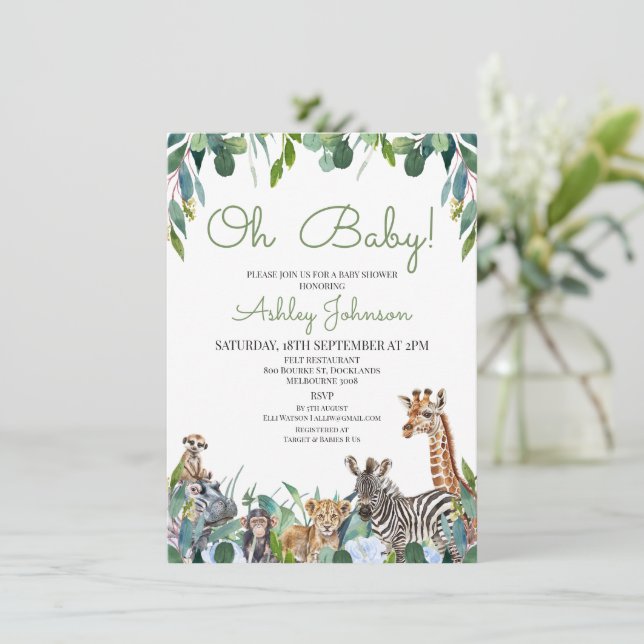 Blue Floral Greenery Safari Baby Dusche Einladung (Stehend Vorderseite)