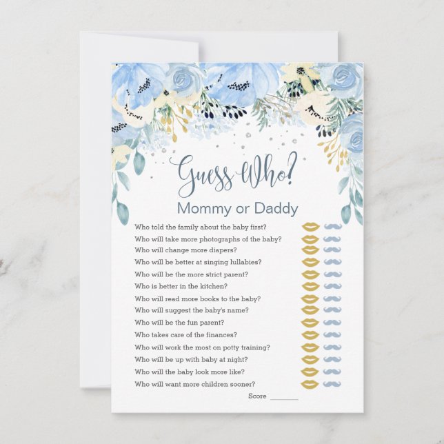 Blue Floral Guess Who Baby Shower Games Einladung (Vorderseite)