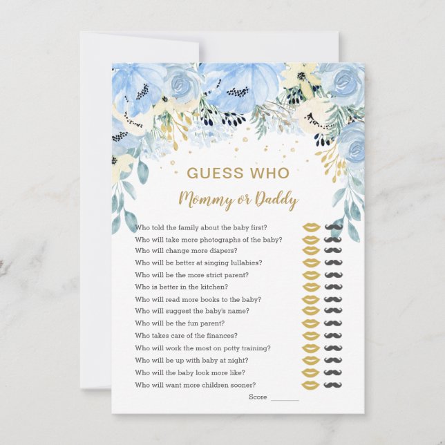 Blue Floral Guess Who Baby Showspiele Einladung (Vorderseite)