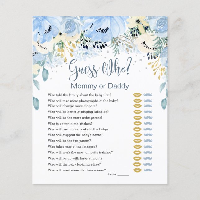 Blue Floral Guess Who Baby Showspiele Flat Paper (Vorderseite)