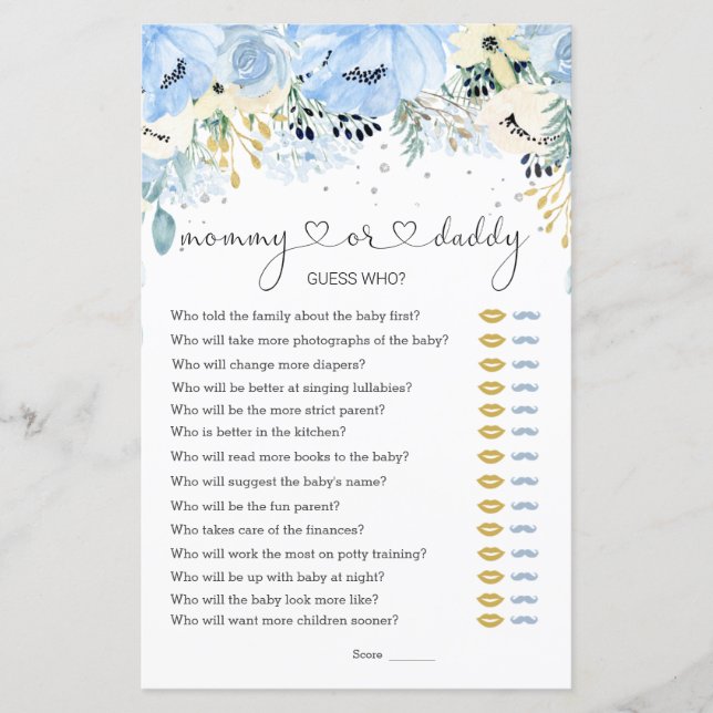 Blue Floral Guess Who Baby Showspiele Flat Paper (Vorderseite)