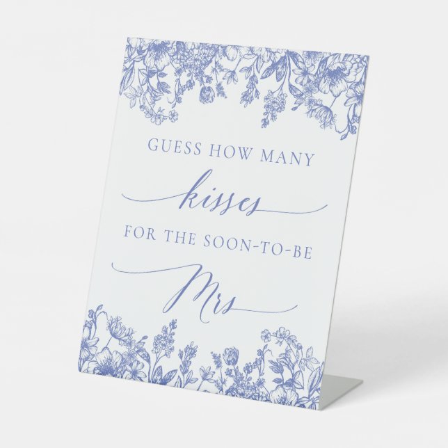 Blue Floral Guess Wie viele Kisses Bridal Sign Sockelschild (Vorderseite)
