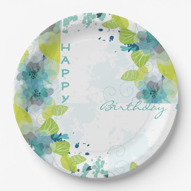 Blue Floral Happy Birthday 9" Paper Teller (Vorderseite)