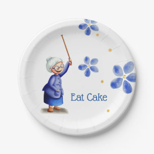 Blue Floral Happy Großmutter mit Cane Eat Cake Pappteller