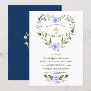Blue Floral Heart Frame Cross Boy Bestätigung Einladung