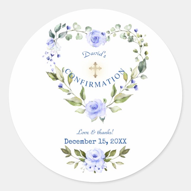 Blue Floral Heart Gold Cross Boy Bestätigung Runder Aufkleber (Vorderseite)