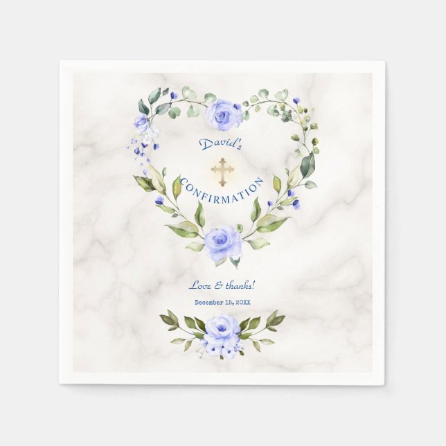 Blue Floral Heart Gold Marble Boy Bestätigung Serviette (Vorderseite)