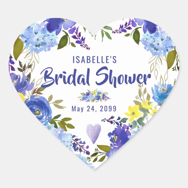 Blue Floral & Heart Personalisiertes Brautparty Herz-Aufkleber (Vorderseite)
