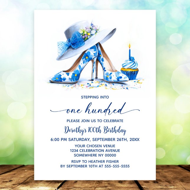 Blue Floral High Heel Shoes 100th Birthday Party Einladung (Von Creator hochgeladen)