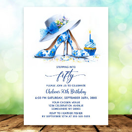Blue Floral High Heel Shoes 50th Birthday Party Einladung