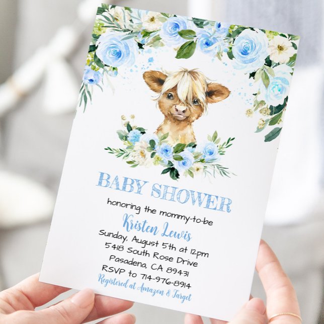 Blue Floral Highland Cow Baby Dusche einladen Einladung (Von Creator hochgeladen)