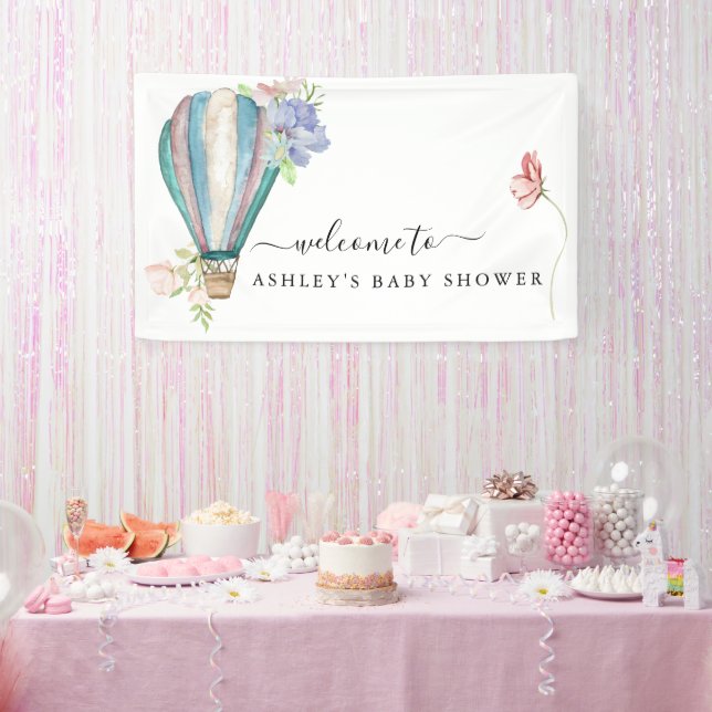 Blue Floral Hot Air Ballon Babydusche Banner (Party)