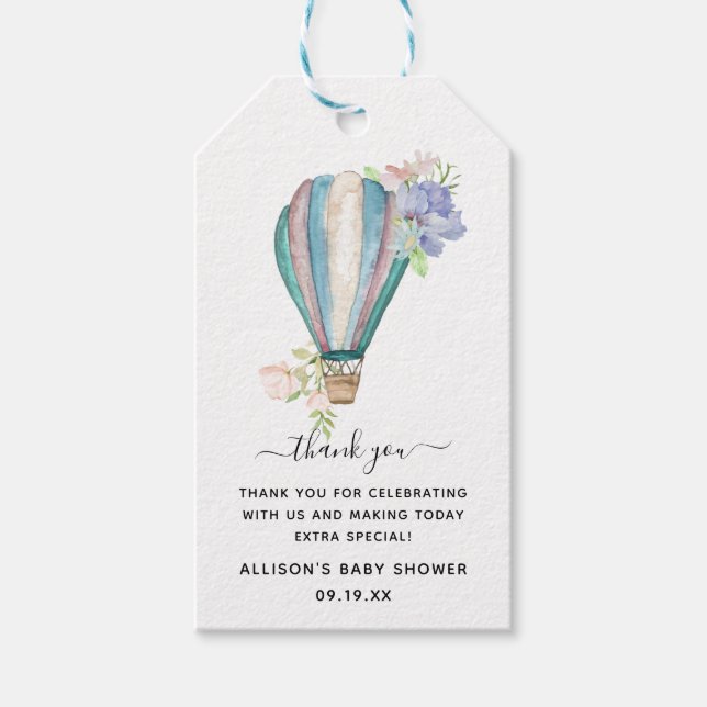 Blue Floral Hot Air Ballon Babydusche Danke Geschenkanhänger (Vorderseite)