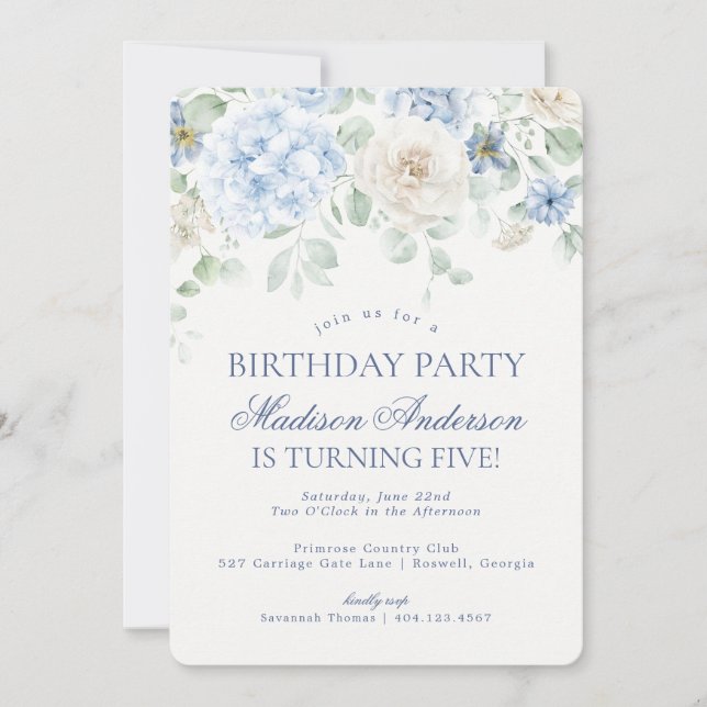 Blue Floral Hydrangea Botanical Birthday Party Einladung (Vorderseite)