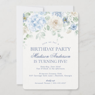 Blue Floral Hydrangea Botanical Birthday Party Einladung