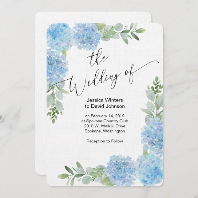 Blue Floral Hydrangea Wedding Einladung Design (Vorne/Hinten)