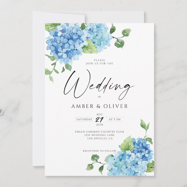 Blue Floral Hydrangeas Elegant Dusty Blue Wedding Einladung (Vorderseite)