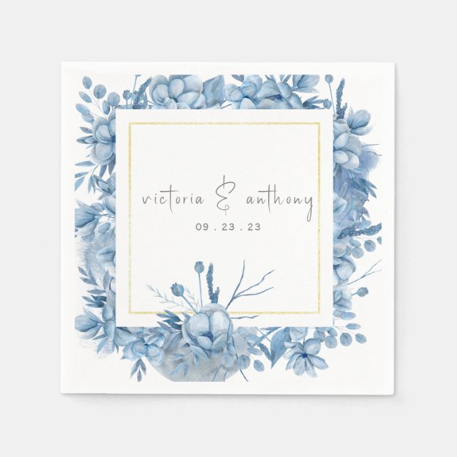 Blue Floral Hydrangeas Name Datum Hochzeit Serviette (Vorderseite)