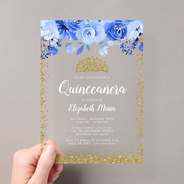 Blue Floral Imitate Gold Glitzer Tiara Quinceanera Acryleinladungen (Insitu (Handheld))