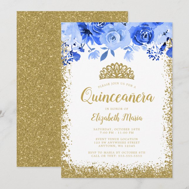 Blue Floral Imitate Gold Glitzer Tiara Quinceanera Einladung (Vorne/Hinten)