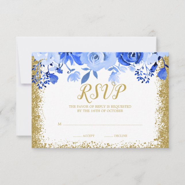 Blue Floral Imitats Gold Glitzern Quinceanera RSVP Karte (Vorderseite)