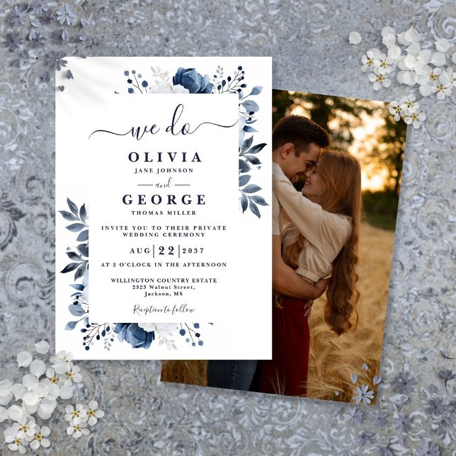 Blue Floral Intimate Private Wedding Foto Einladung (Blue Floral Intimate Private Wedding Photo Invitation)