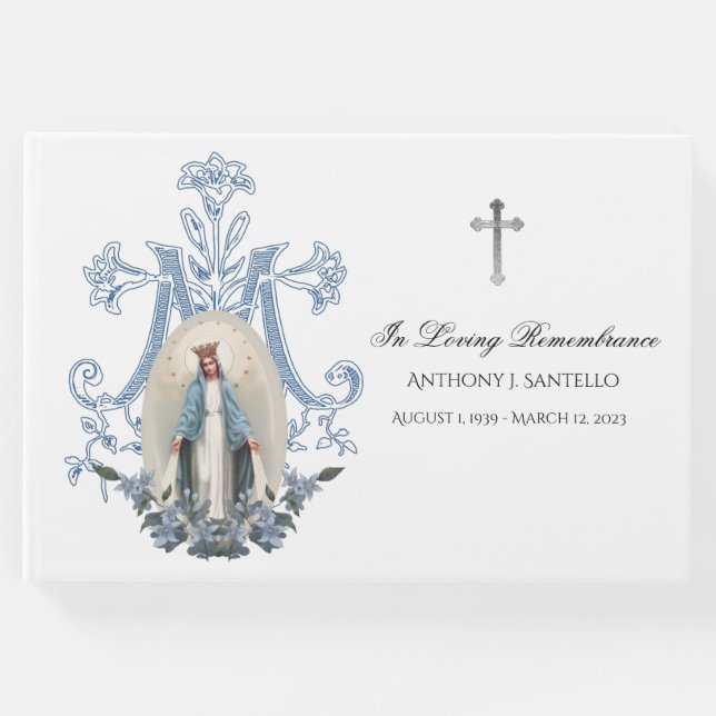 Blue Floral Jungfrau Mary Memorial Beerdigung Gästebuch (Vorderseite)
