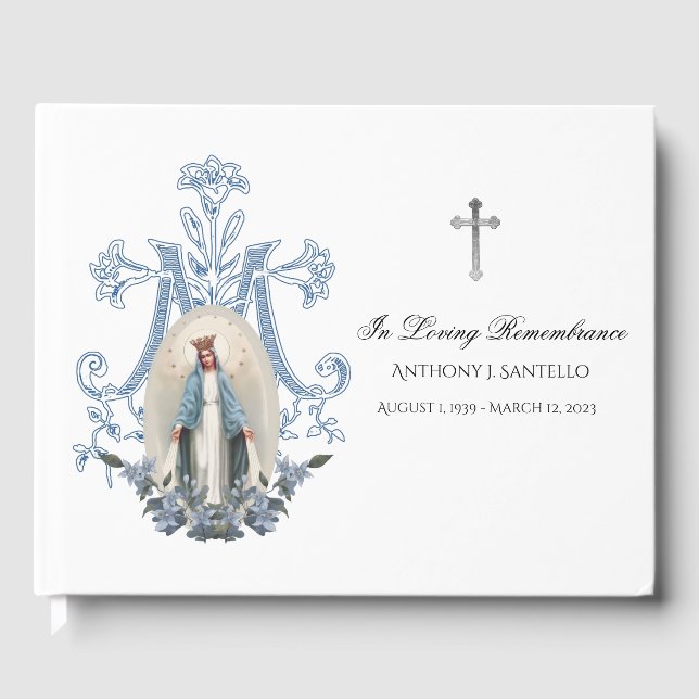 Blue Floral Jungfrau Mary Memorial Beerdigung Gästebuch (Vorderseite)