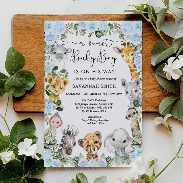 Blue Floral Jungle Safari Animals Boy Baby Dusche Einladung (Von Creator hochgeladen)