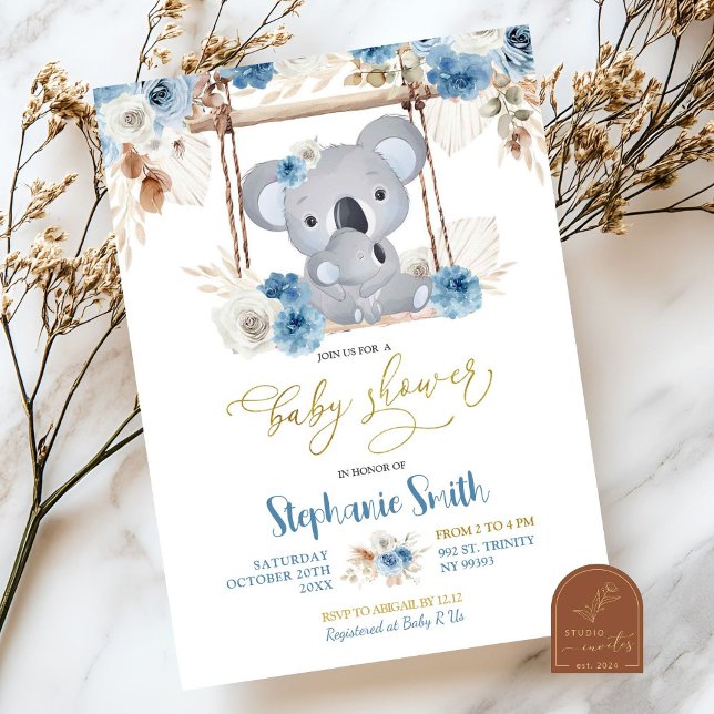 Blue Floral Koala Australian Animal Baby Show Einladung (Von Creator hochgeladen)