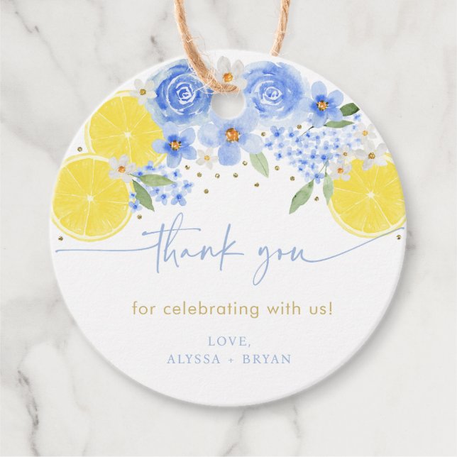 Blue Floral Lemon Main Squeeze Brautparty Geschenkanhänger (Vorderseite)