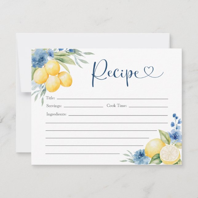 Blue floral Lemon Main Squeeze Bridal Rezept Karte (Vorderseite)