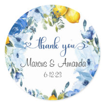 Blue Floral Lemon Round Aufkleber
