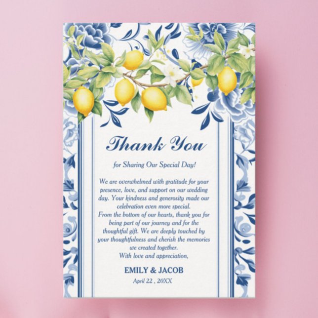 Blue Floral & Lemon Wedding Dankeskarte (Von Creator hochgeladen)