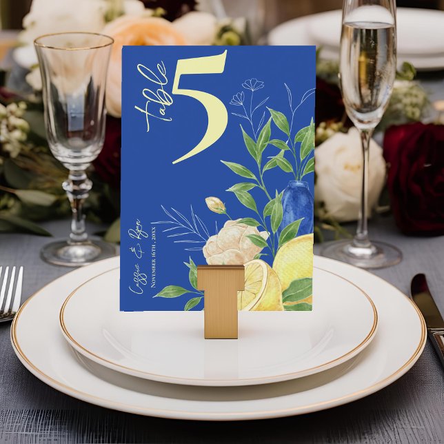 Blue Floral Lemon Wedding Tischnummer Card (Blue Floral Lemon Wedding Table Number Card)