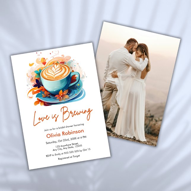 Blue Floral Liebe Brewing Foto Brautparty Einladung (Blue Floral Love is Brewing Photo Bridal Shower Invitation   )