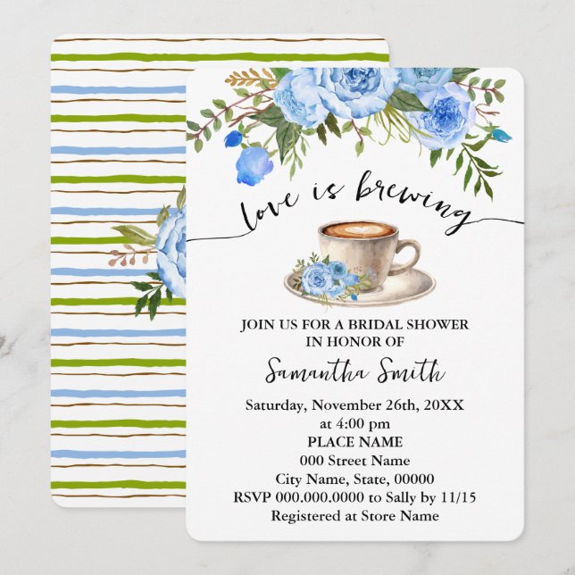Blue Floral Liebe ist das Brechen Coffee Brautpart Einladung (Vorne/Hinten)