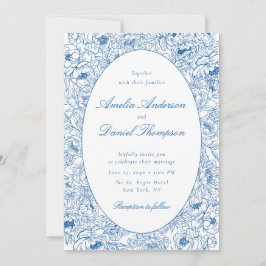 Blue Floral Line Art Wedding Invitation Einladung