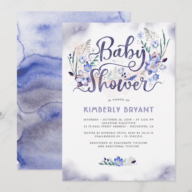 Blue Floral Little Man - Boy Baby Dusche Einladung (Vorne/Hinten)