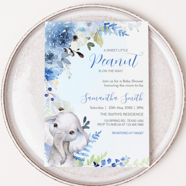Blue Floral Little Peanut Baby Dusche Einladung (Blue Floral Elephant Spring Baby Shower Invitation
)